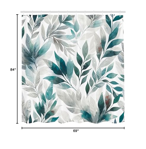 Ambesonne Teal Shower Curtain, Urban Jungle Theme Phantom Of Leaves Greenery On Plain Back Dreamy Exotics, Cloth Fabric Bathroom